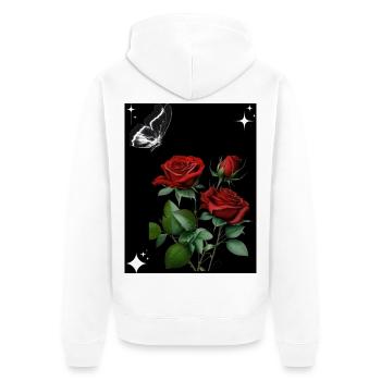 Rote Rosen mit Schmetterling und Sternen - Unisex Premium Bio Zip Hoodie - Weiß - Hinten - Thijin (182cm)