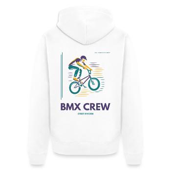 T-shirt ras du cou BMX | Conception de la division des rues - Veste à capuche bio Premium Unisexe - blanc - Dos - Thijin (182cm)