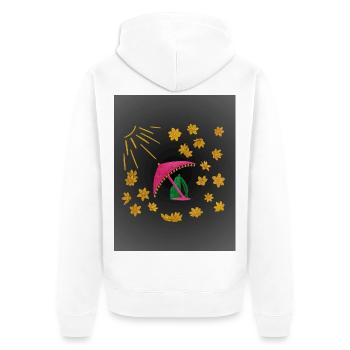 Goldene Blüten unter pinkem Strandschirm  - Unisex Premium Bio Zip Hoodie - Weiß - Hinten - Thijin (182cm)
