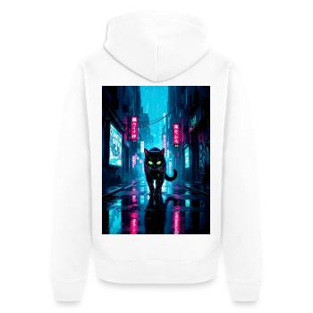 Schwarze CyberpunkKatze in neonfarbener Regenstadt - Unisex Premium Bio Zip Hoodie - Weiß - Hinten - Thijin (182cm)