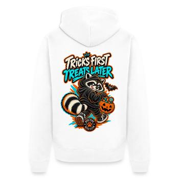 RobVibe Wildclub – Halloween-Waschbär - Unisex Premium Bio Zip Hoodie - Weiß - Hinten - Thijin (182cm)