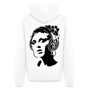 junge Frau mit Kopfhörer und Blume im Haar - Unisex Premium Bio Zip Hoodie - Weiß - Hinten - Thijin (182cm)