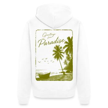 Grüße aus dem Paradies - Unisex Premium Bio Zip Hoodie - Weiß - Hinten - Thijin (182cm)