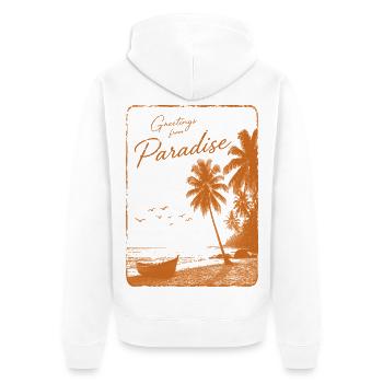Grüße aus dem Paradies - Unisex Premium Bio Zip Hoodie - Weiß - Hinten - Thijin (182cm)