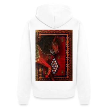 Rotes Pferd auf geometrischem Teppich - Unisex Premium Bio Zip Hoodie - Weiß - Hinten - Thijin (182cm)