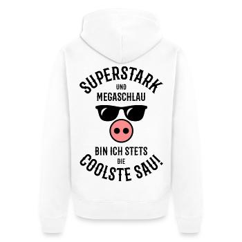 Superstark – Megaschlau – Coolste Sau (Cool) - Unisex Premium Bio Zip Hoodie - Weiß - Hinten - Thijin (182cm)
