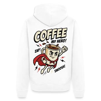 Kaffee-Superheld – Coffee My Hero - Unisex Premium Bio Zip Hoodie - Weiß - Hinten - Thijin (182cm)