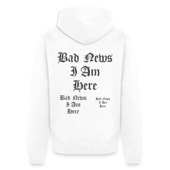 Gotischer Text Schlechte Nachrichten Ich bin hier - Unisex Premium Bio Zip Hoodie - Weiß - Hinten - Thijin (182cm)
