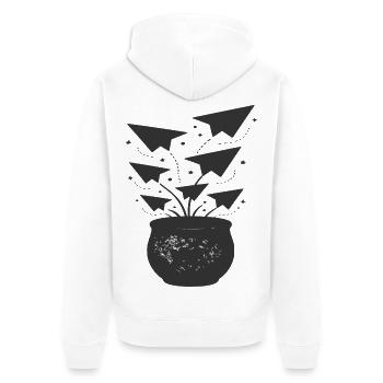 Papierflieger aus Topf - Unisex Premium Bio Zip Hoodie - Weiß - Hinten - Thijin (182cm)