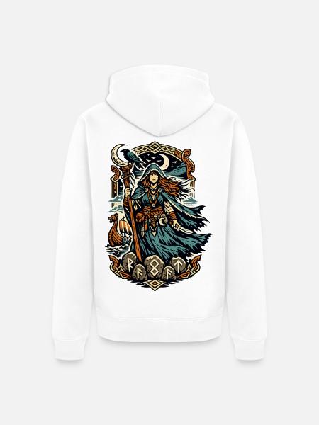 Nordische Runenjägerin im Mondschein - Unisex Premium Bio Zip Hoodie - Weiß