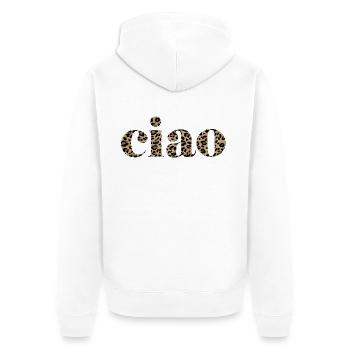 Leopard Print Ciao Lettering Design - Unisex Premium Organic Zip Hoodie - white - Back - Thijin (182cm)