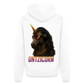 Techno Raver Untzicorn Design für EDM Fans - Unisex Premium Bio Zip Hoodie - Weiß - Hinten - Thijin (182cm)