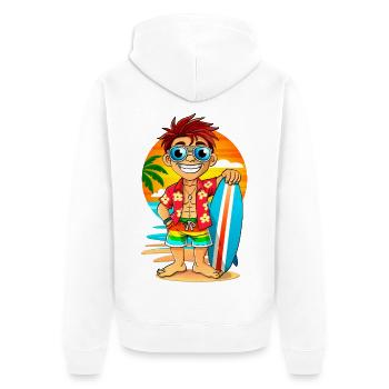 Fröhlicher Surfer mit Surfbrett am Strand. - Unisex Premium Bio Zip Hoodie - Weiß - Hinten - Thijin (182cm)