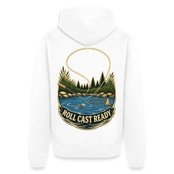 ROLL CAST READY - Unisex Premium Bio Zip Hoodie - Weiß - Hinten - Thijin (182cm)