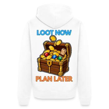 Jetzt plündern, später planen - Unisex Premium Bio Zip Hoodie - Weiß - Hinten - Thijin (182cm)