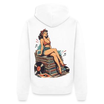 Retro Pin-Up auf riesigem Schallplatten-Stapel - Unisex Premium Bio Zip Hoodie - Weiß - Hinten - Thijin (182cm)