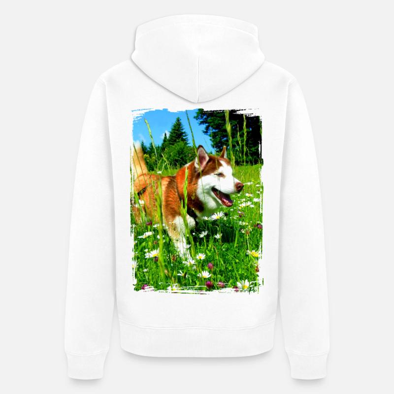 Husky dans un champ de fleurs - Veste à capuche bio Premium Unisexe - blanc