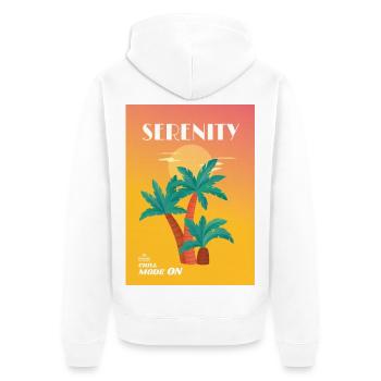 SÉRÉNITÉ – Mode Chill ACTIVÉ | Palmiers et coucher de soleil - Veste à capuche bio Premium Unisexe - blanc - Dos - Thijin (182cm)