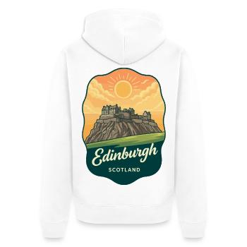 Edinburgh Castle Scotland Vintage-Sonnenuntergangsabzeichen - Unisex Premium Bio Zip Hoodie - Weiß - Hinten - Thijin (182cm)