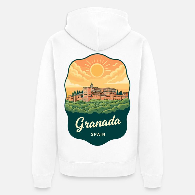 Granada Alhambra Palac Retro Sunset Badge - Veste à capuche bio Premium Unisexe - blanc