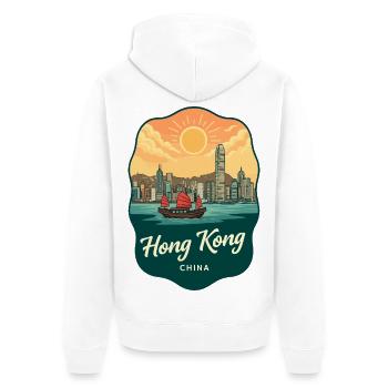 Hongkonger Victoria Harbour Retro-Sonnenuntergangsabzeichen - Unisex Premium Bio Zip Hoodie - Weiß - Hinten - Thijin (182cm)