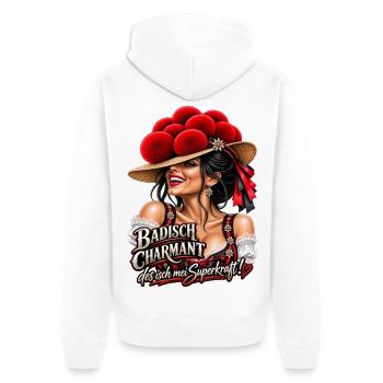 Badisch Charmant – Mei Superkraft - Unisex Premium Bio Zip Hoodie - Weiß - Hinten - Thijin (182cm)