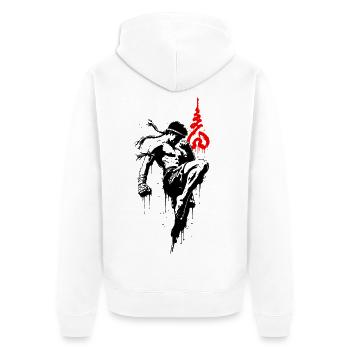 Nak Muay – Muay-Thai-Kämpfer - Unisex Premium Bio Zip Hoodie - Weiß - Hinten - Thijin (182cm)