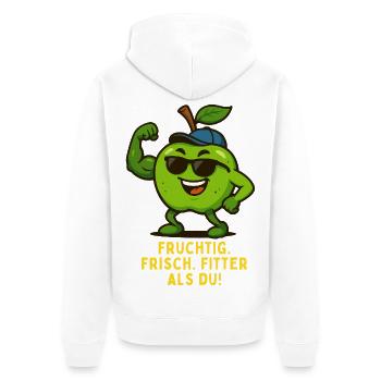 Fruchtig Fitness Apfel Held Bodybuilding Karikatur - Unisex Premium Bio Zip Hoodie - Weiß - Hinten - Thijin (182cm)