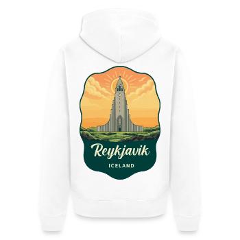 Reykjavik Island Retro Sonnenuntergangsabzeichen - Unisex Premium Bio Zip Hoodie - Weiß - Hinten - Thijin (182cm)