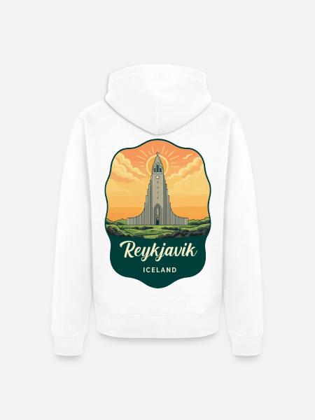 Reykjavik Iceland Retro Sunset Badge - Unisex Premium Organic Zip Hoodie - white