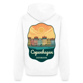 Badge Rétro Sunset de Copenhague Nyhavn - Veste à capuche bio Premium Unisexe - blanc - Dos - Thijin (182cm)