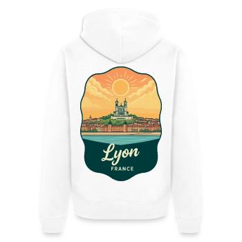 Badge de voyage vintage Sunset de la Basilique de Lyon - Veste à capuche bio Premium Unisexe - blanc - Dos - Thijin (182cm)