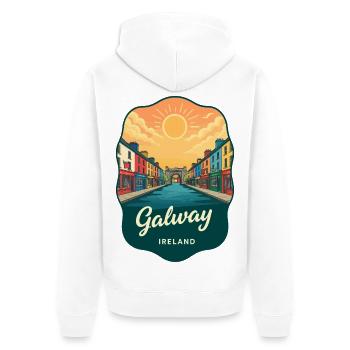 Badge de voyage vintage Sunset de Galway, Irlande - Veste à capuche bio Premium Unisexe - blanc - Dos - Thijin (182cm)