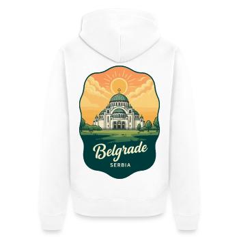Belgrader Saint Sava Retro Sonnenuntergangs-Reiseabzeichen - Unisex Premium Bio Zip Hoodie - Weiß - Hinten - Thijin (182cm)