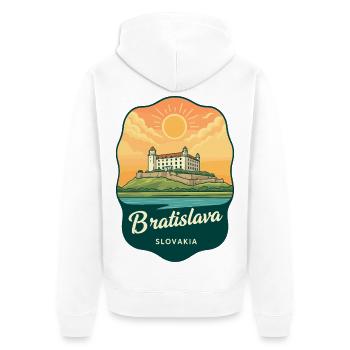 Bratislava-Schloss Retro Sonnenuntergangs-Reiseabzeichen - Unisex Premium Bio Zip Hoodie - Weiß - Hinten - Thijin (182cm)