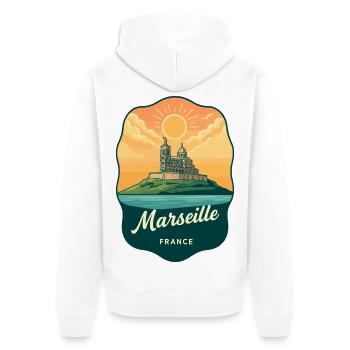 Insigne de voyage vintage de Marseille Notre Dame - Veste à capuche bio Premium Unisexe - blanc - Dos - Thijin (182cm)