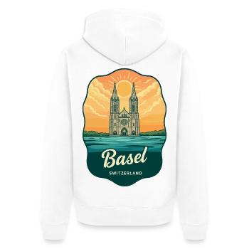 Basel Minster Retro Sunset Travel Badge - Unisex Premium Organic Zip Hoodie - white - Back - Thijin (182cm)
