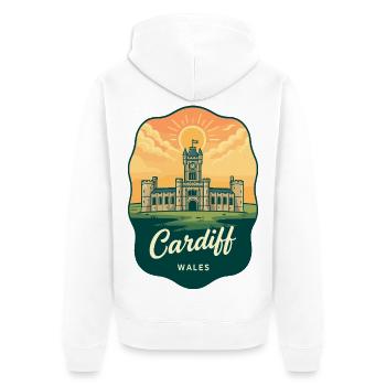 Cardiff Wales Retro Sunset Reiseabzeichen - Unisex Premium Bio Zip Hoodie - Weiß - Hinten - Thijin (182cm)