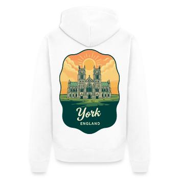 Insigne vintage du coucher de soleil de la cathédrale de la cathédrale de la cathédrale de York - Veste à capuche bio Premium Unisexe - blanc - Dos - Thijin (182cm)