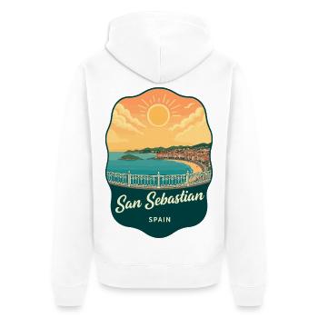 San Sebastian La Concha Retro-Sonnenuntergangsabzeichen - Unisex Premium Bio Zip Hoodie - Weiß - Hinten - Thijin (182cm)
