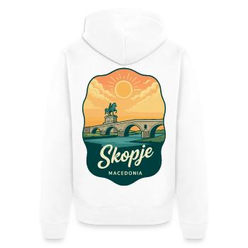 Skopje Steinbrücke Retro Sonnenuntergangs-Reiseabzeichen - Unisex Premium Bio Zip Hoodie - Weiß - Hinten - Thijin (182cm)