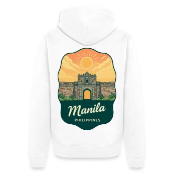 Manila Intramuros Retro Sonnenuntergangs-Reiseabzeichen - Unisex Premium Bio Zip Hoodie - Weiß - Hinten - Thijin (182cm)