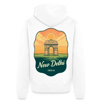New Delhi India Gate Retro Sonnenuntergangs-Reiseabzeichen - Unisex Premium Bio Zip Hoodie - Weiß - Hinten - Thijin (182cm)