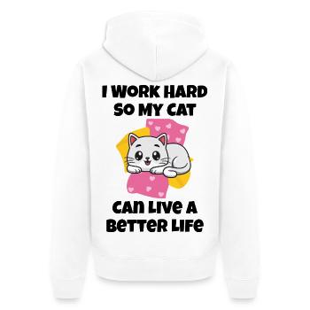 Ich arbeite hart, damit meine Katze ein besseres Leben führen kann - Unisex Premium Bio Zip Hoodie - Weiß - Hinten - Thijin (182cm)