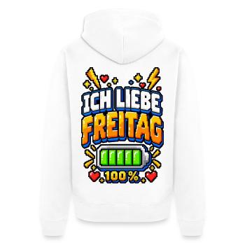 Ich liebe Freitag – Pixel Büro Spruch - Unisex Premium Bio Zip Hoodie - Weiß - Hinten - Thijin (182cm)