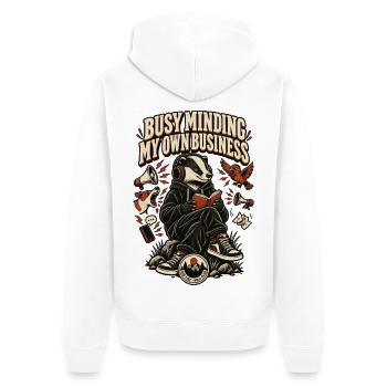 RobVibe Wild Club – Kümmer mich um meine eigenen Angelegenheiten, Dachs - Unisex Premium Bio Zip Hoodie - Weiß - Hinten - Thijin (182cm)