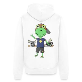 Frosch DJ mit Cappy und Plattenspieler - Unisex Premium Bio Zip Hoodie - Weiß - Hinten - Thijin (182cm)