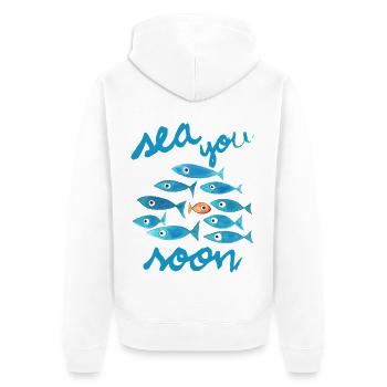 Bis bald auf See Blaue Fische - Unisex Premium Bio Zip Hoodie - Weiß - Hinten - Thijin (182cm)