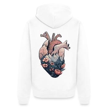 Cœur anatomique avec montagnes et fleurs - Veste à capuche bio Premium Unisexe - blanc - Dos - Thijin (182cm)