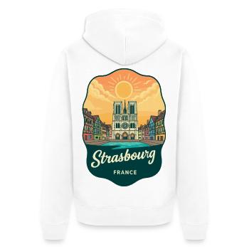 Straßburger Kathedral Retro-Sonnenuntergangsabzeichen - Unisex Premium Bio Zip Hoodie - Weiß - Hinten - Thijin (182cm)